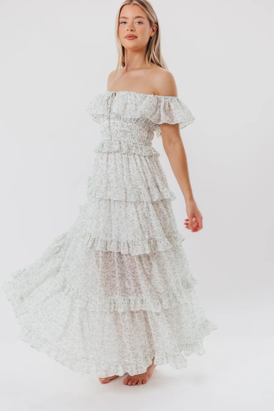 Clearance Worth Collective Astrid Ruffle Detail Maxi Dress in Sage Floral *FULLY LINED* - Bump Fr