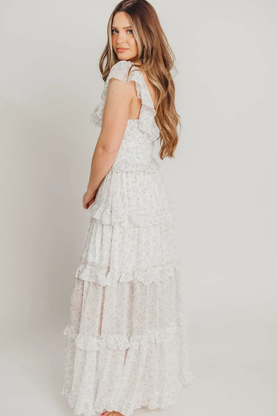 Outlet Worth Collective Astrid Ruffle Detail Maxi Dress in Lavender Floral *FULLY LINED* - Bum