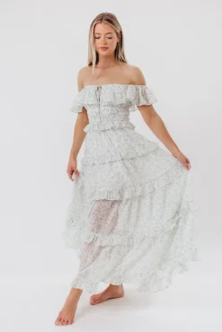Clearance Worth Collective Astrid Ruffle Detail Maxi Dress in Sage Floral *FULLY LINED* - Bump Fr