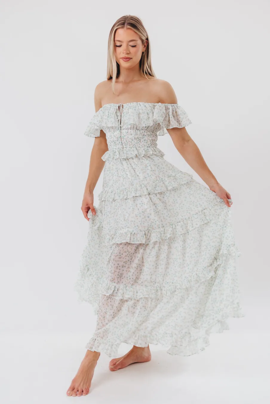 Clearance Worth Collective Astrid Ruffle Detail Maxi Dress in Sage Floral *FULLY LINED* - Bump Fr