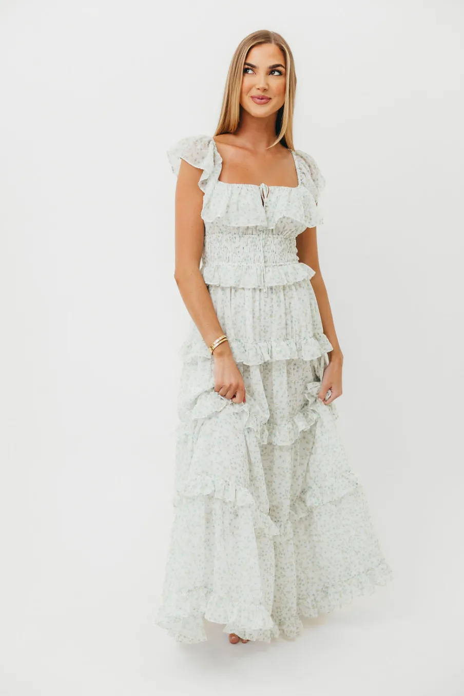 Clearance Worth Collective Astrid Ruffle Detail Maxi Dress in Sage Floral *FULLY LINED* - Bump Fr