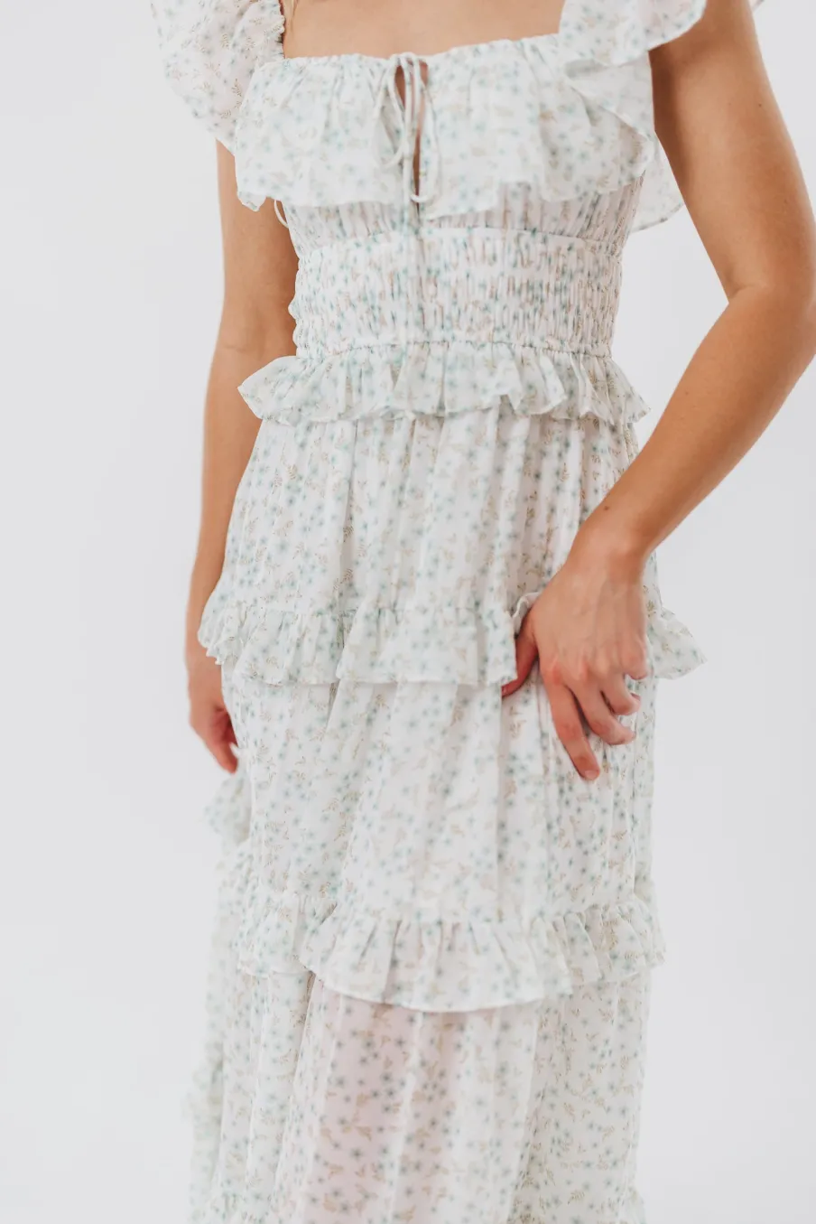 Clearance Worth Collective Astrid Ruffle Detail Maxi Dress in Sage Floral *FULLY LINED* - Bump Fr