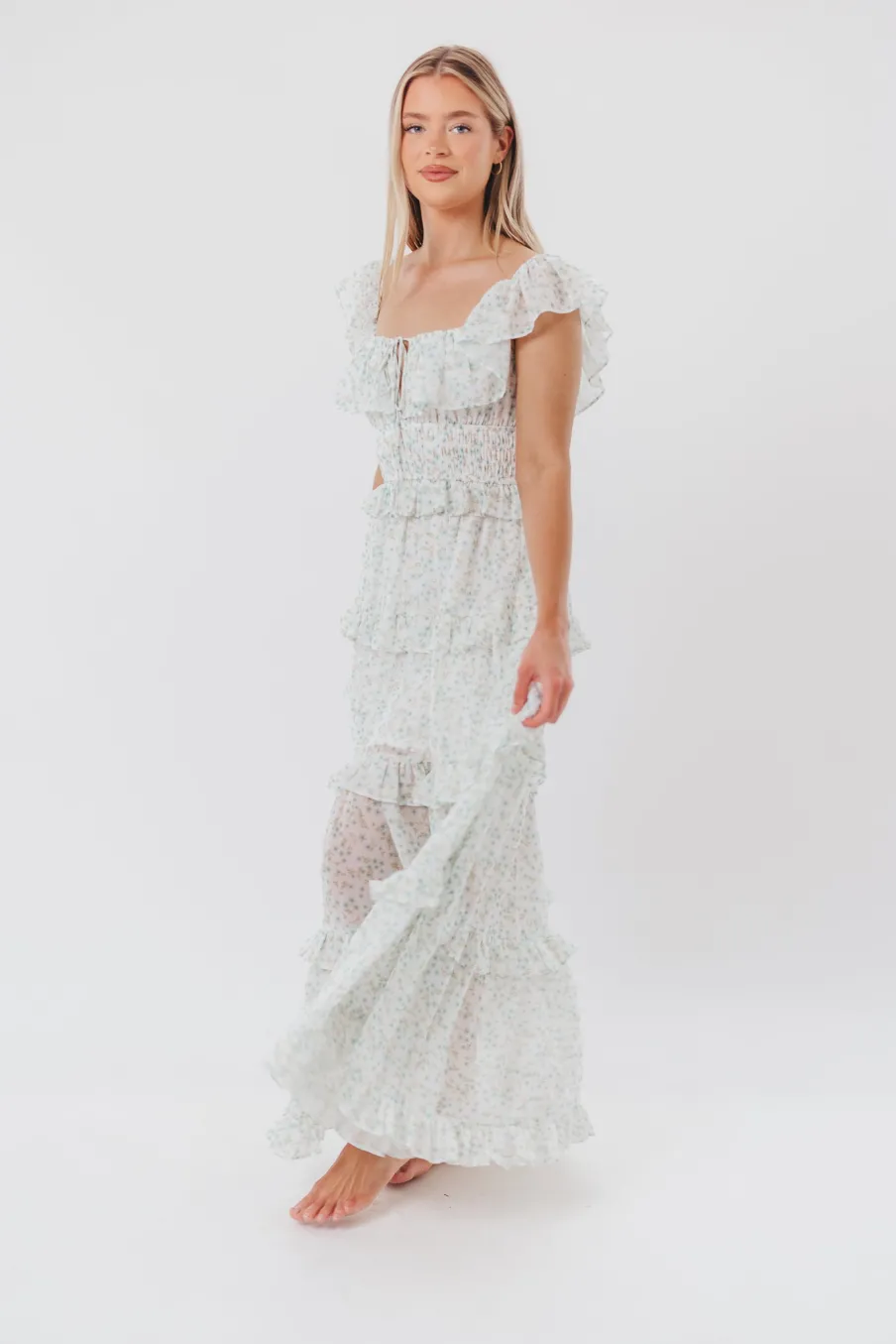 Clearance Worth Collective Astrid Ruffle Detail Maxi Dress in Sage Floral *FULLY LINED* - Bump Fr