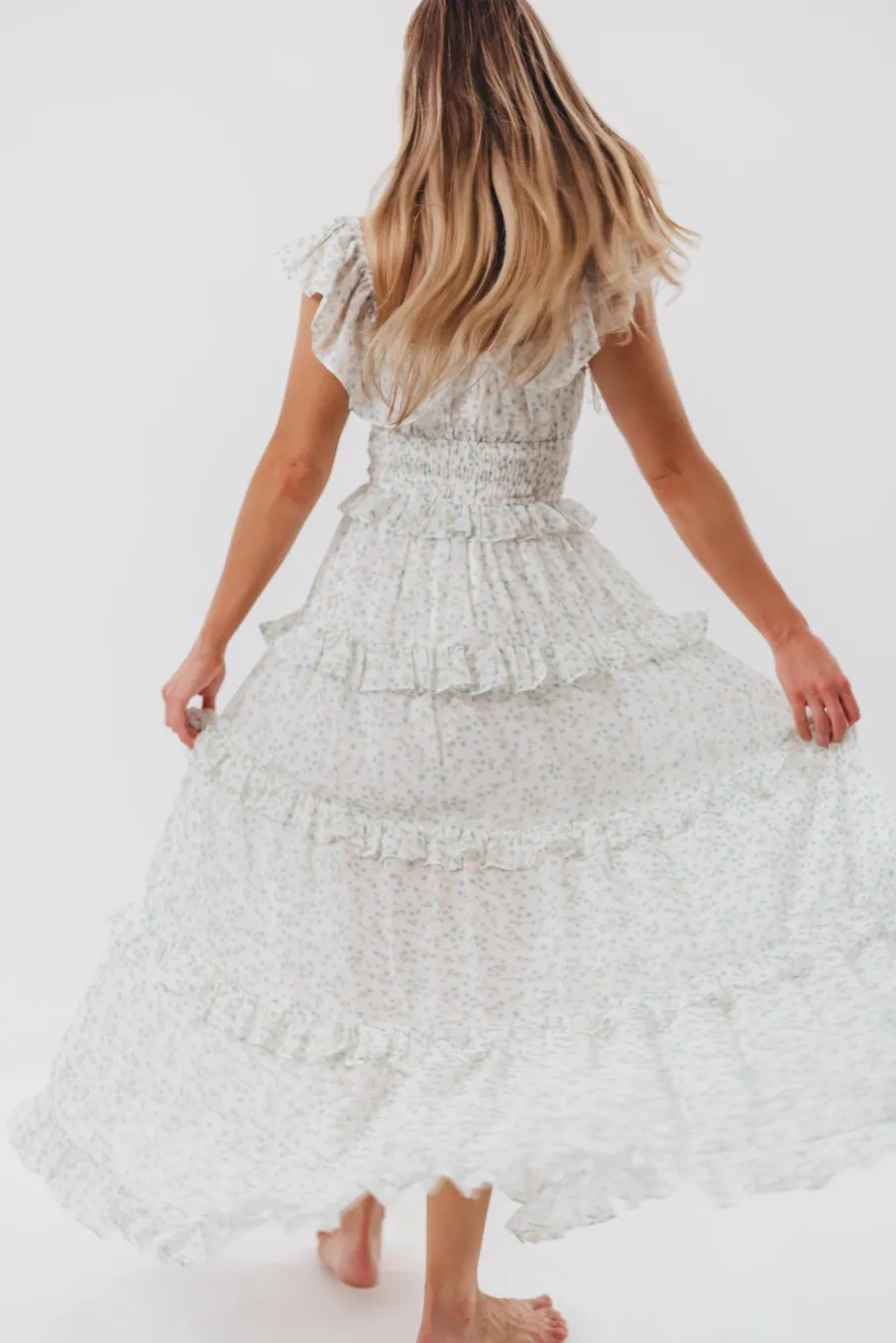Clearance Worth Collective Astrid Ruffle Detail Maxi Dress in Sage Floral *FULLY LINED* - Bump Fr