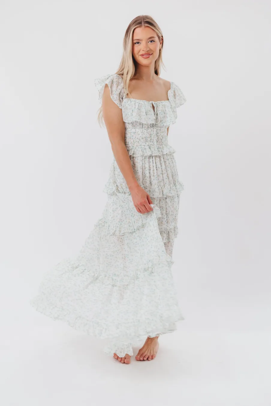 Clearance Worth Collective Astrid Ruffle Detail Maxi Dress in Sage Floral *FULLY LINED* - Bump Fr