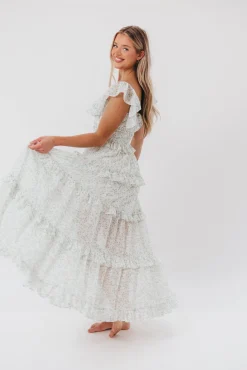 Clearance Worth Collective Astrid Ruffle Detail Maxi Dress in Sage Floral *FULLY LINED* - Bump Fr