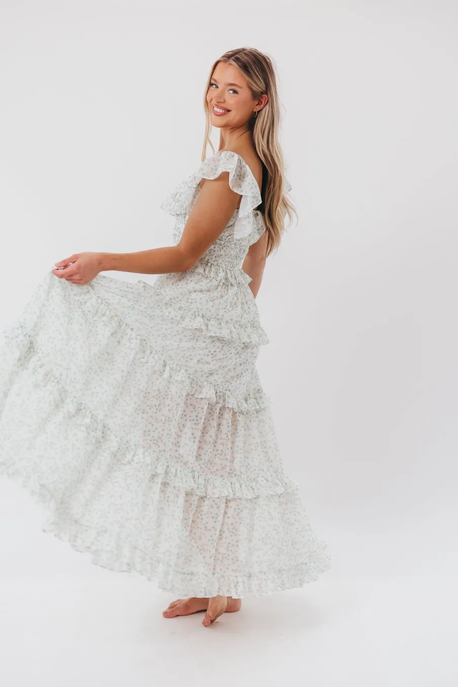 Clearance Worth Collective Astrid Ruffle Detail Maxi Dress in Sage Floral *FULLY LINED* - Bump Fr