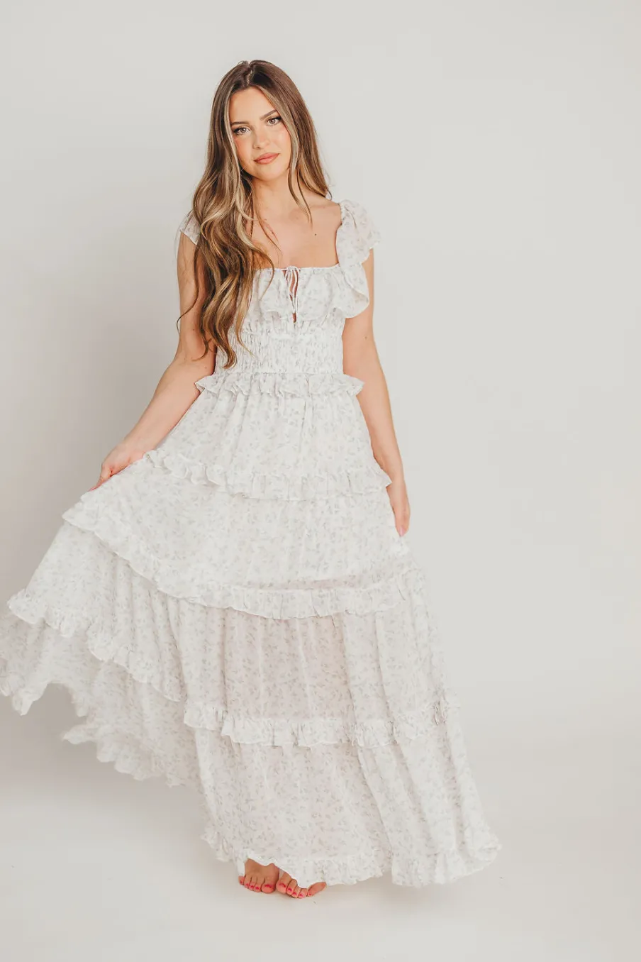 Outlet Worth Collective Astrid Ruffle Detail Maxi Dress in Lavender Floral *FULLY LINED* - Bum