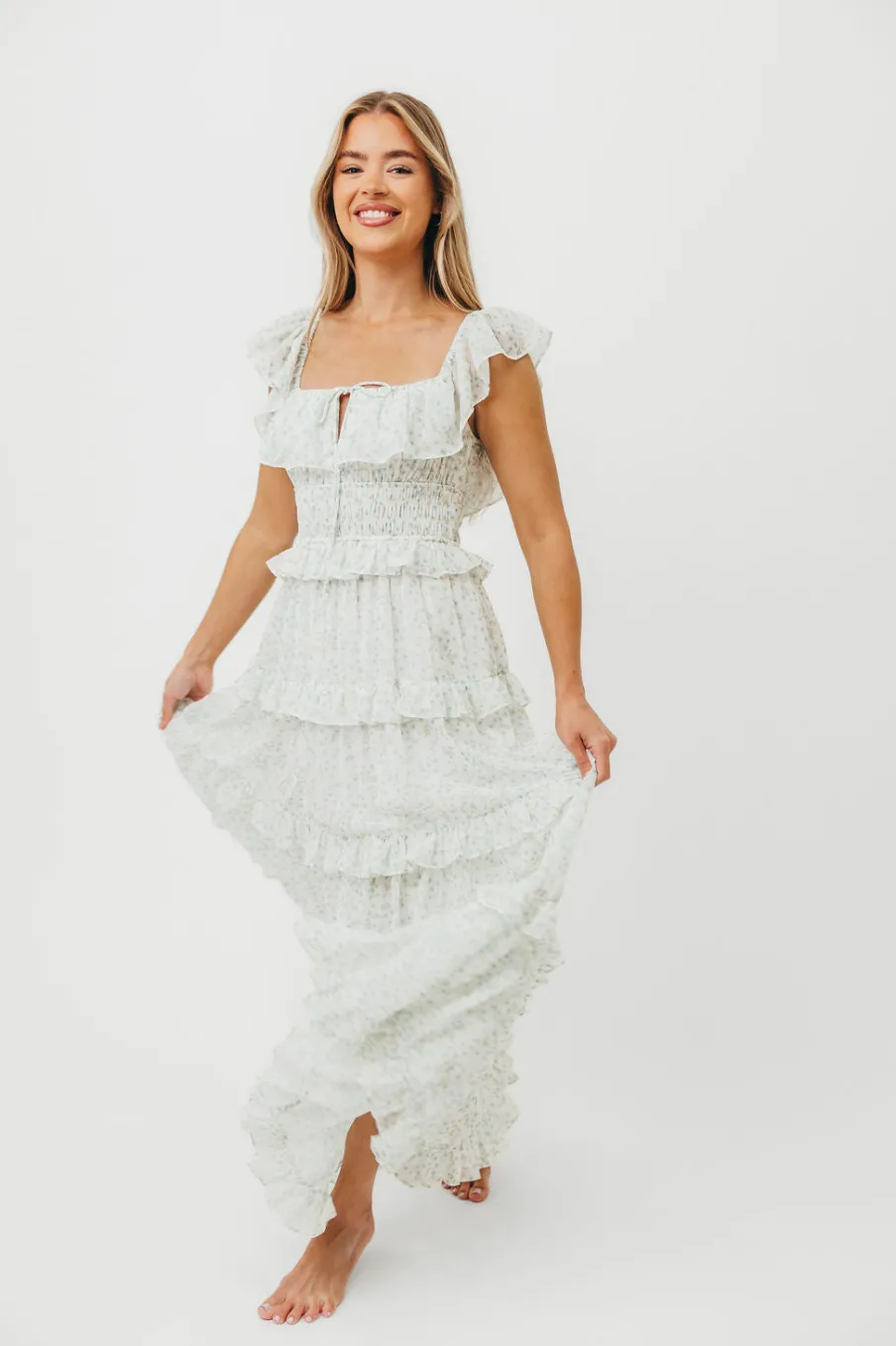 Clearance Worth Collective Astrid Ruffle Detail Maxi Dress in Sage Floral *FULLY LINED* - Bump Fr