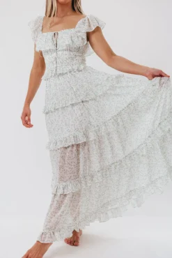 Clearance Worth Collective Astrid Ruffle Detail Maxi Dress in Sage Floral *FULLY LINED* - Bump Fr