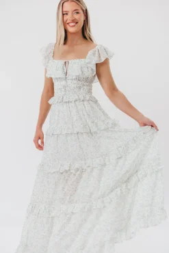 Clearance Worth Collective Astrid Ruffle Detail Maxi Dress in Sage Floral *FULLY LINED* - Bump Fr
