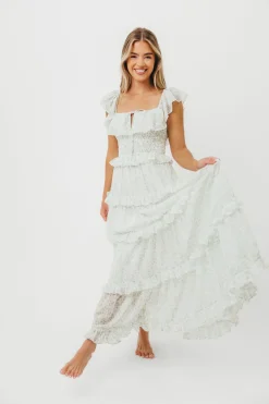 Clearance Worth Collective Astrid Ruffle Detail Maxi Dress in Sage Floral *FULLY LINED* - Bump Fr