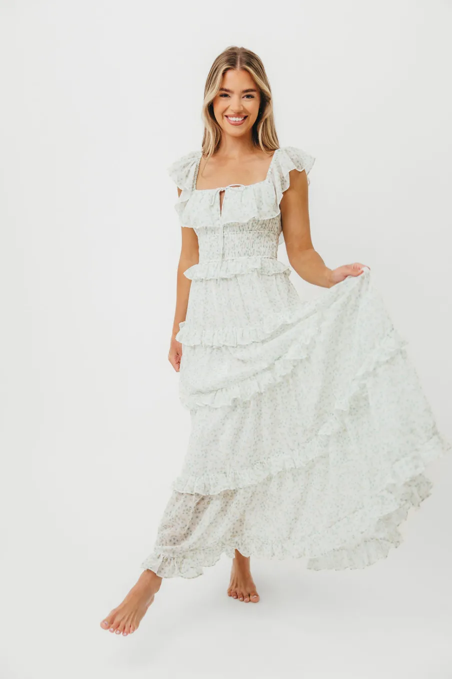 Clearance Worth Collective Astrid Ruffle Detail Maxi Dress in Sage Floral *FULLY LINED* - Bump Fr