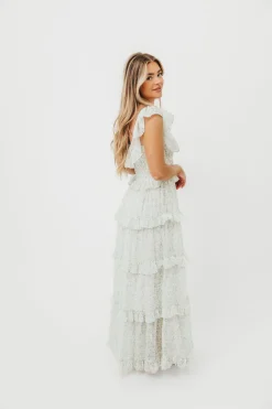 Clearance Worth Collective Astrid Ruffle Detail Maxi Dress in Sage Floral *FULLY LINED* - Bump Fr