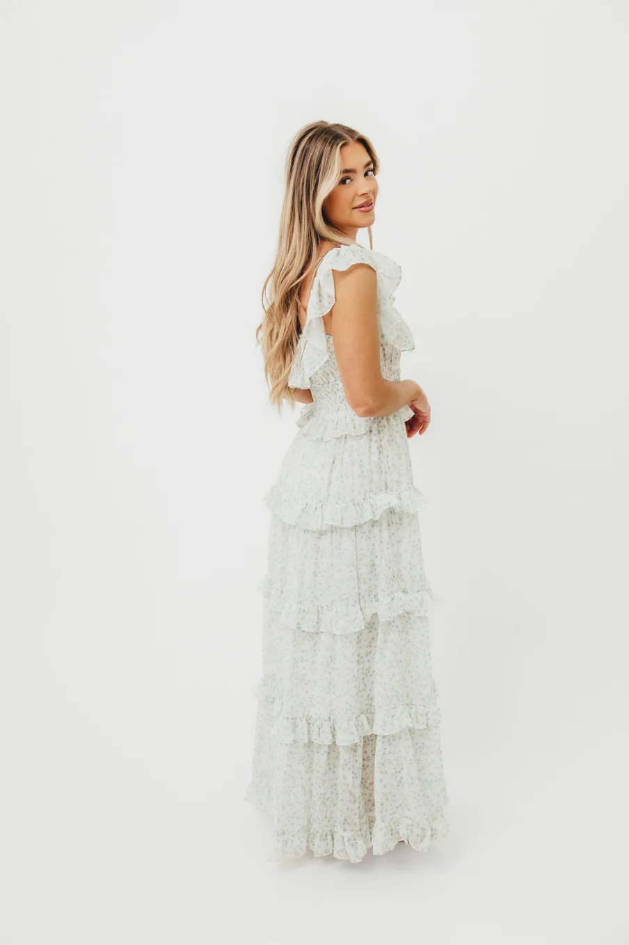 Clearance Worth Collective Astrid Ruffle Detail Maxi Dress in Sage Floral *FULLY LINED* - Bump Fr