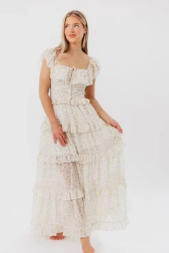 New Worth Collective Astrid Ruffle Detail Maxi Dress in Yellow Floral *FULLY LINED* - Bump