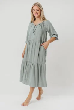 Hot Worth Collective Avery Tiered Linen-Blend Midi Dress in Sage - Bump Friendly and Inclus