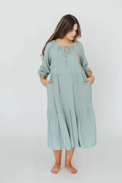 Hot Worth Collective Avery Tiered Linen-Blend Midi Dress in Sage - Bump Friendly and Inclus