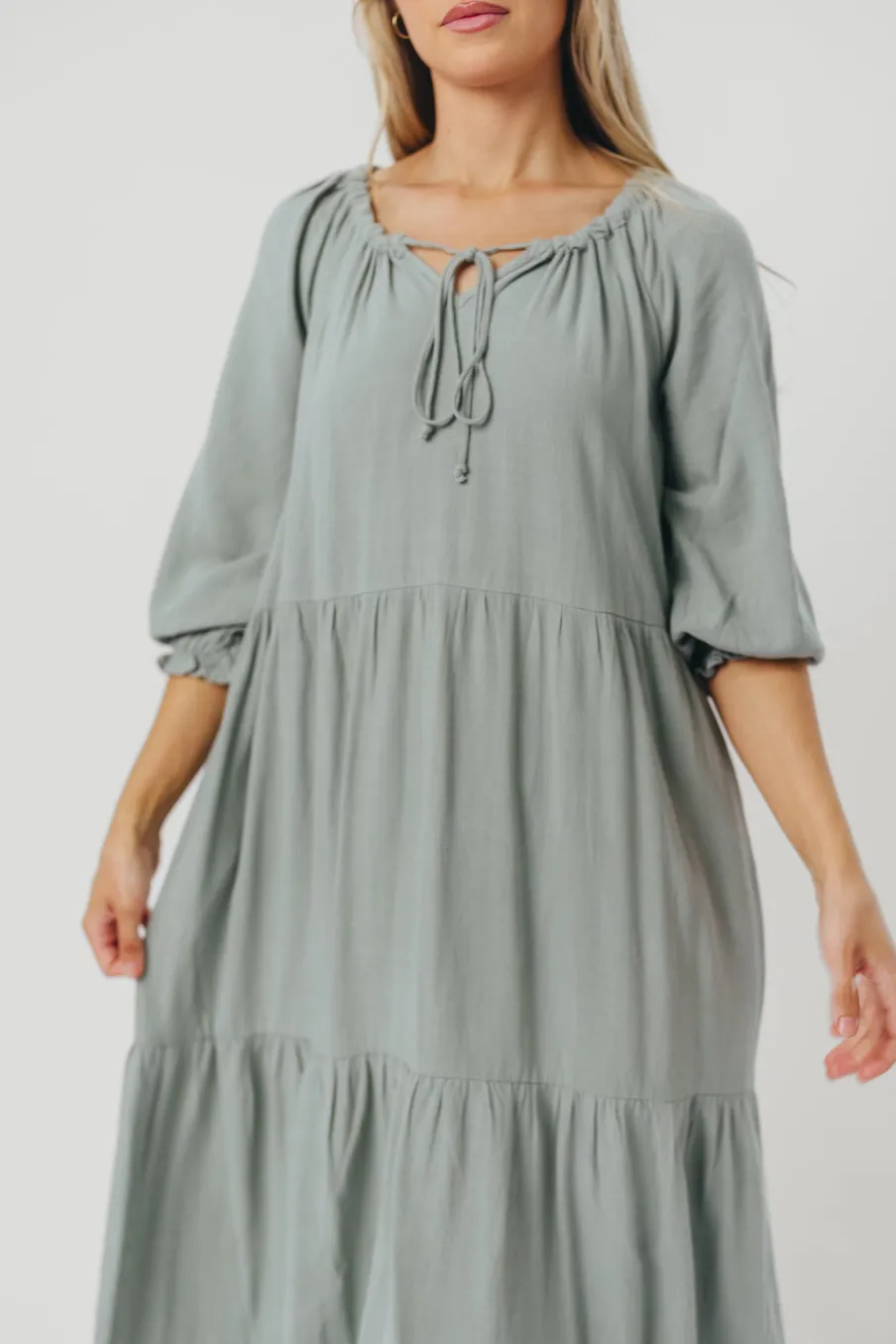 Hot Worth Collective Avery Tiered Linen-Blend Midi Dress in Sage - Bump Friendly and Inclus