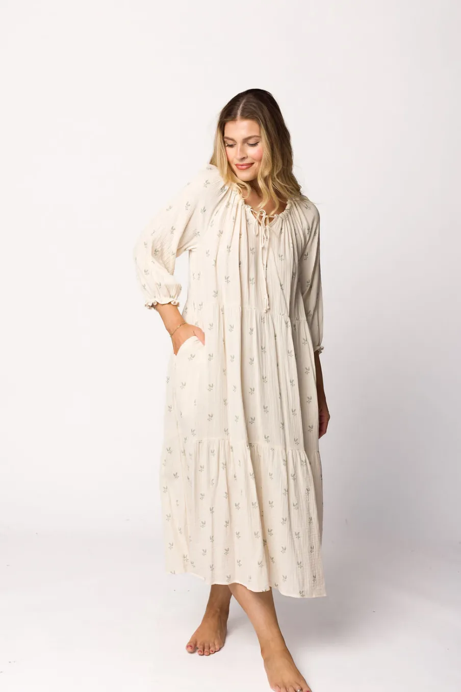 Clearance Worth Collective Avery Tiered Linen-Blend Midi Dress in Soy/Sage Foliage - Bump Friendl