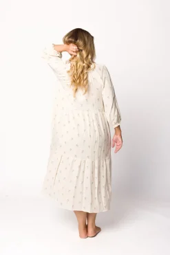Clearance Worth Collective Avery Tiered Linen-Blend Midi Dress in Soy/Sage Foliage - Bump Friendl
