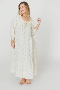 Clearance Worth Collective Avery Tiered Linen-Blend Midi Dress in Soy/Sage Foliage - Bump Friendl