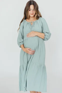 Hot Worth Collective Avery Tiered Linen-Blend Midi Dress in Sage - Bump Friendly and Inclus