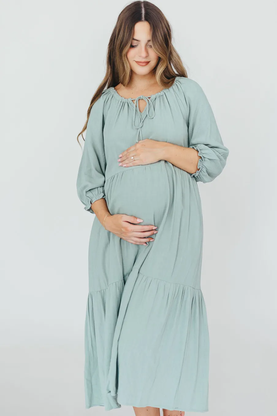 Hot Worth Collective Avery Tiered Linen-Blend Midi Dress in Sage - Bump Friendly and Inclus