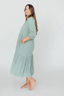 Hot Worth Collective Avery Tiered Linen-Blend Midi Dress in Sage - Bump Friendly and Inclus