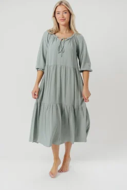Hot Worth Collective Avery Tiered Linen-Blend Midi Dress in Sage - Bump Friendly and Inclus