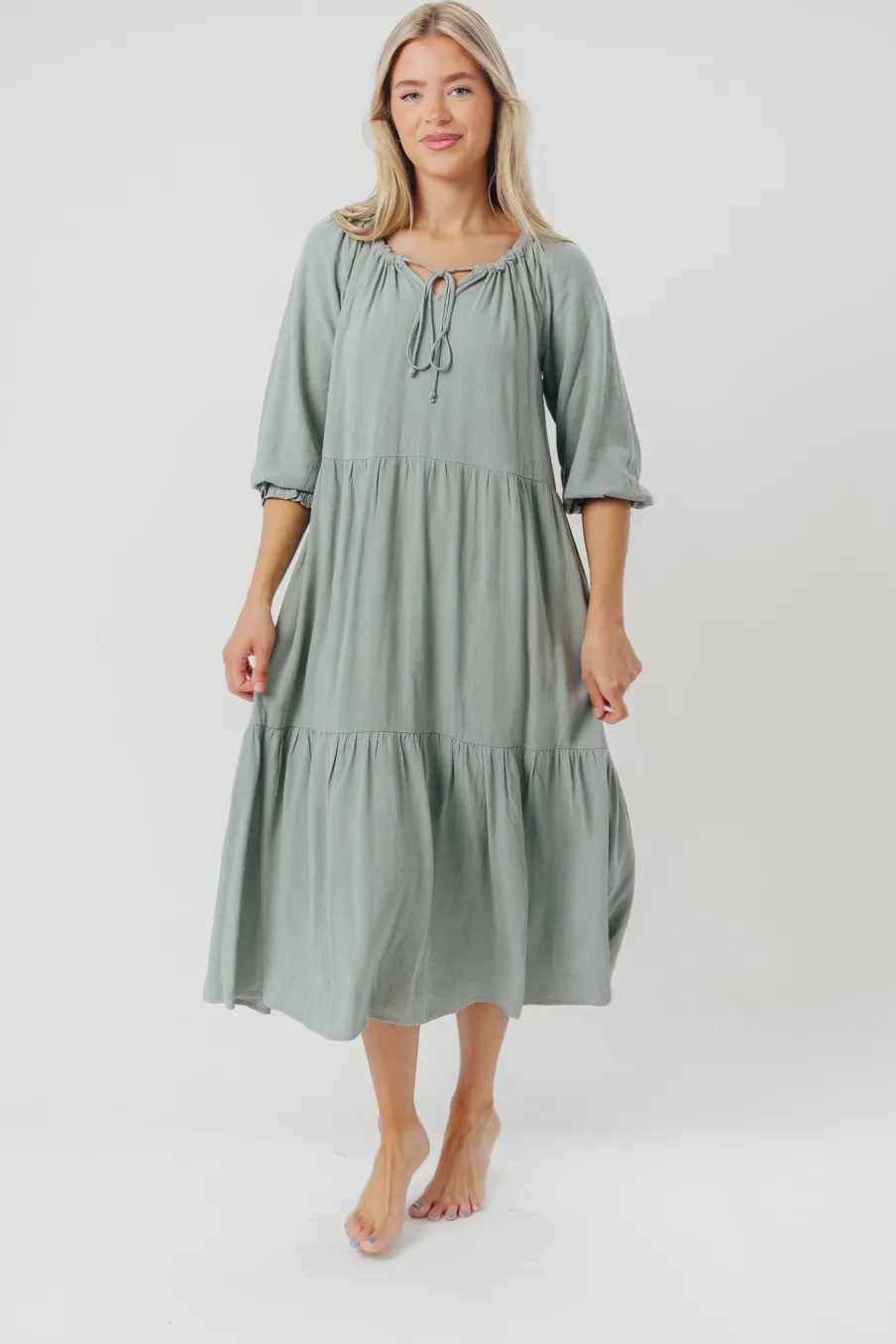 Hot Worth Collective Avery Tiered Linen-Blend Midi Dress in Sage - Bump Friendly and Inclus