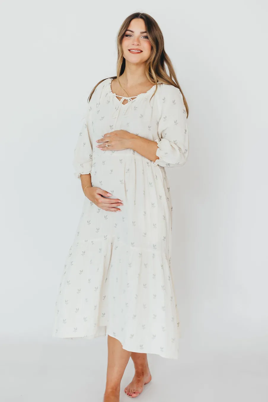 Clearance Worth Collective Avery Tiered Linen-Blend Midi Dress in Soy/Sage Foliage - Bump Friendl