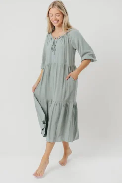 Hot Worth Collective Avery Tiered Linen-Blend Midi Dress in Sage - Bump Friendly and Inclus