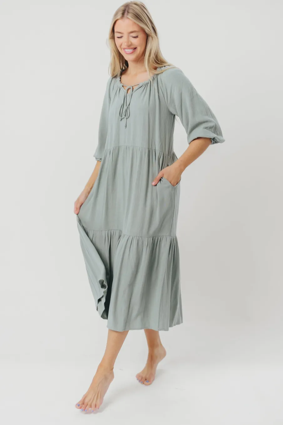 Hot Worth Collective Avery Tiered Linen-Blend Midi Dress in Sage - Bump Friendly and Inclus
