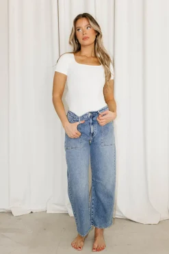 New Worth Collective Ayla Utility Barrel Jean in Medium Wash Denim