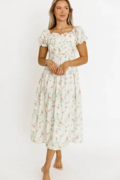 Clearance Worth Collective Azalea Ruched Puff Sleeve Midi Dress in Ivory Floral