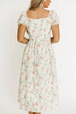 Clearance Worth Collective Azalea Ruched Puff Sleeve Midi Dress in Ivory Floral