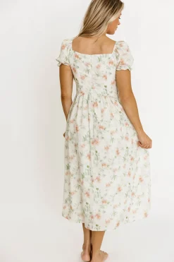 Clearance Worth Collective Azalea Ruched Puff Sleeve Midi Dress in Ivory Floral