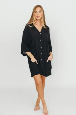 Discount Worth Collective Azari Oversized Button Down Shirt in Black - Nursing Friendly