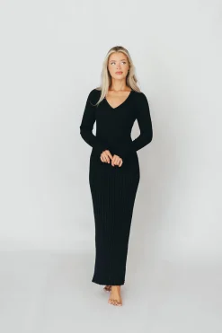 Online Worth Collective Berkeley Ribbed Knit Maxi Dress With V-Neck in Black