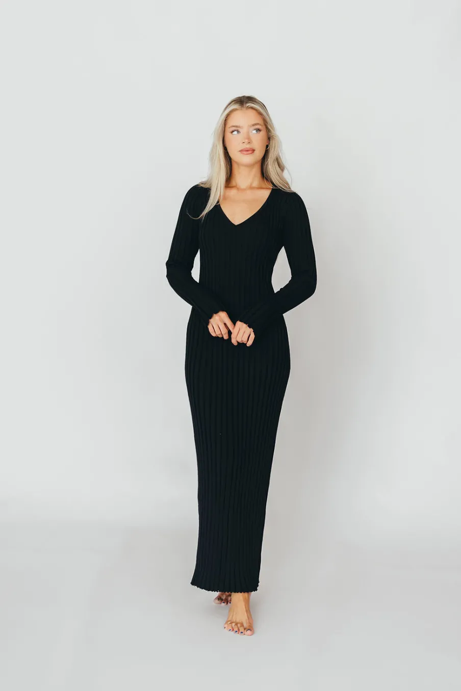 Online Worth Collective Berkeley Ribbed Knit Maxi Dress With V-Neck in Black