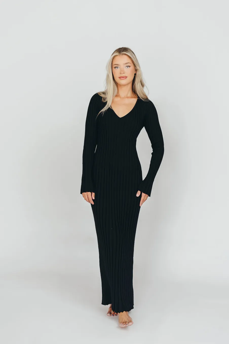 Online Worth Collective Berkeley Ribbed Knit Maxi Dress With V-Neck in Black