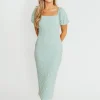Online Worth Collective Blakeley Textured Midi Dress in Seafoam- Bump Friendly