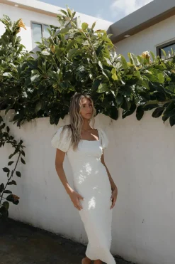 New Worth Collective Blakeley Textured Midi Dress in Ivory- Bump Friendly & Inclusive Sizin