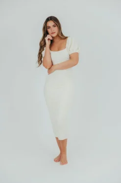 New Worth Collective Blakeley Textured Midi Dress in Ivory- Bump Friendly & Inclusive Sizin