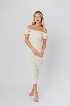 New Worth Collective Blakeley Textured Midi Dress in Ivory- Bump Friendly & Inclusive Sizin