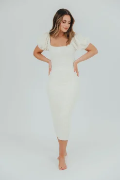 New Worth Collective Blakeley Textured Midi Dress in Ivory- Bump Friendly & Inclusive Sizin