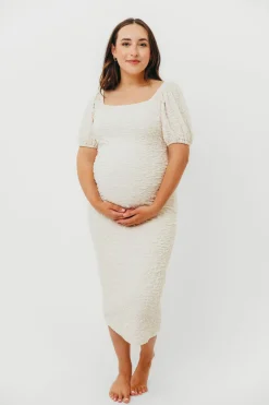 New Worth Collective Blakeley Textured Midi Dress in Ivory- Bump Friendly & Inclusive Sizin