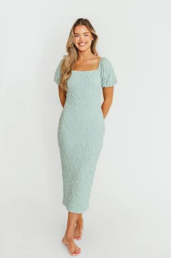Online Worth Collective Blakeley Textured Midi Dress in Seafoam- Bump Friendly