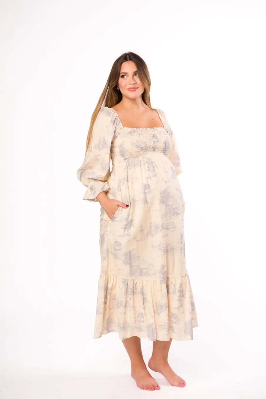 Sale Worth Collective Bria Smocked Midi Dress with Puffed Long Sleeves in Ecru - Bump Friend